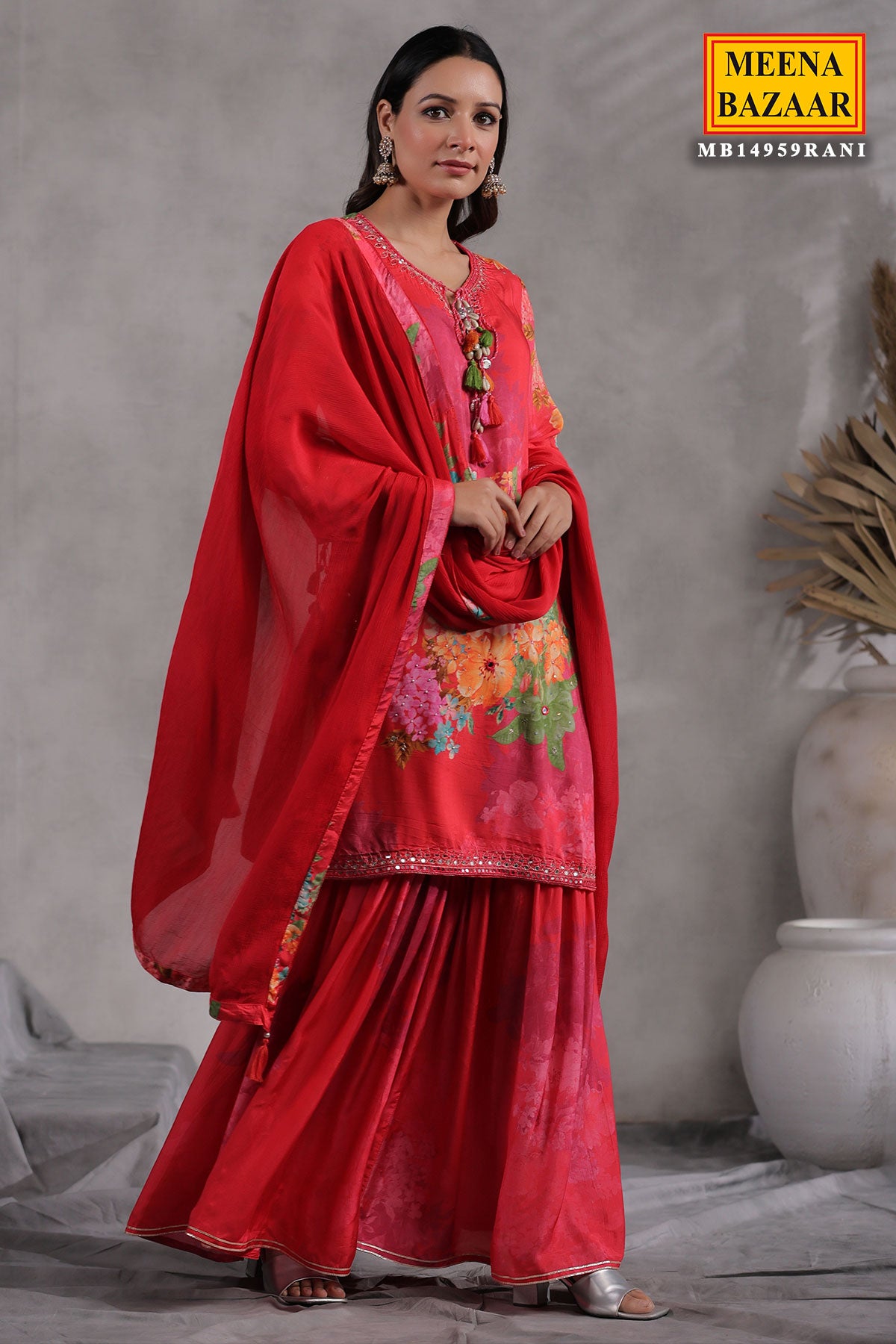 Rani Crepe Floral Printed Embroidered Sharara Suit