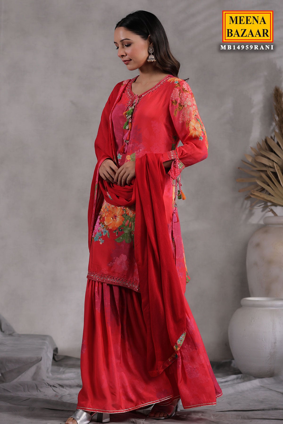 Rani Crepe Floral Printed Embroidered Sharara Suit