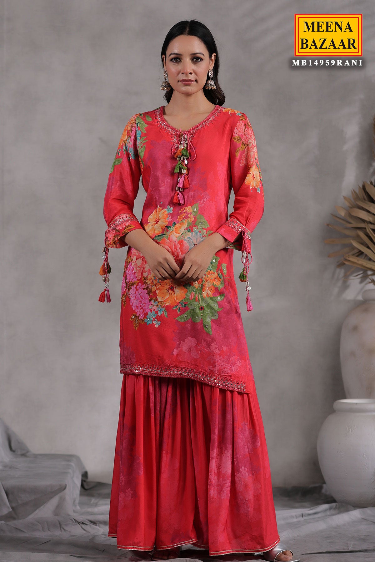 Rani Crepe Floral Printed Embroidered Sharara Suit