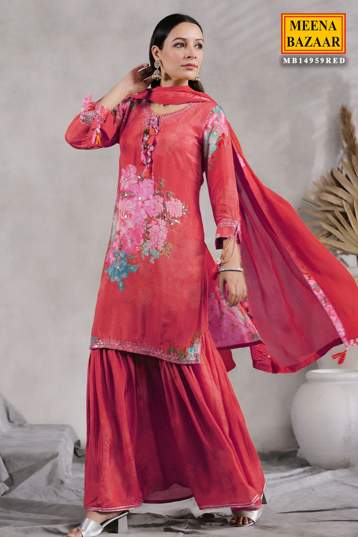 Rani Crepe Floral Printed Embroidered Sharara Suit