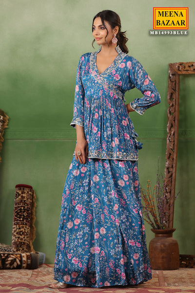 Blue Silk Floral Printed Flared Skirt Suit with Beads, Cutdana, Zari Embroidered Neckline