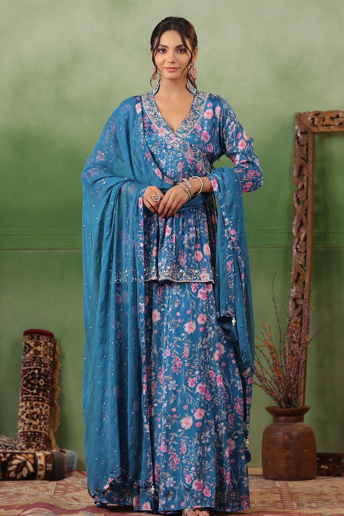 Blue Silk Floral Printed Flared Skirt Suit with Beads, Cutdana, Zari Embroidered Neckline