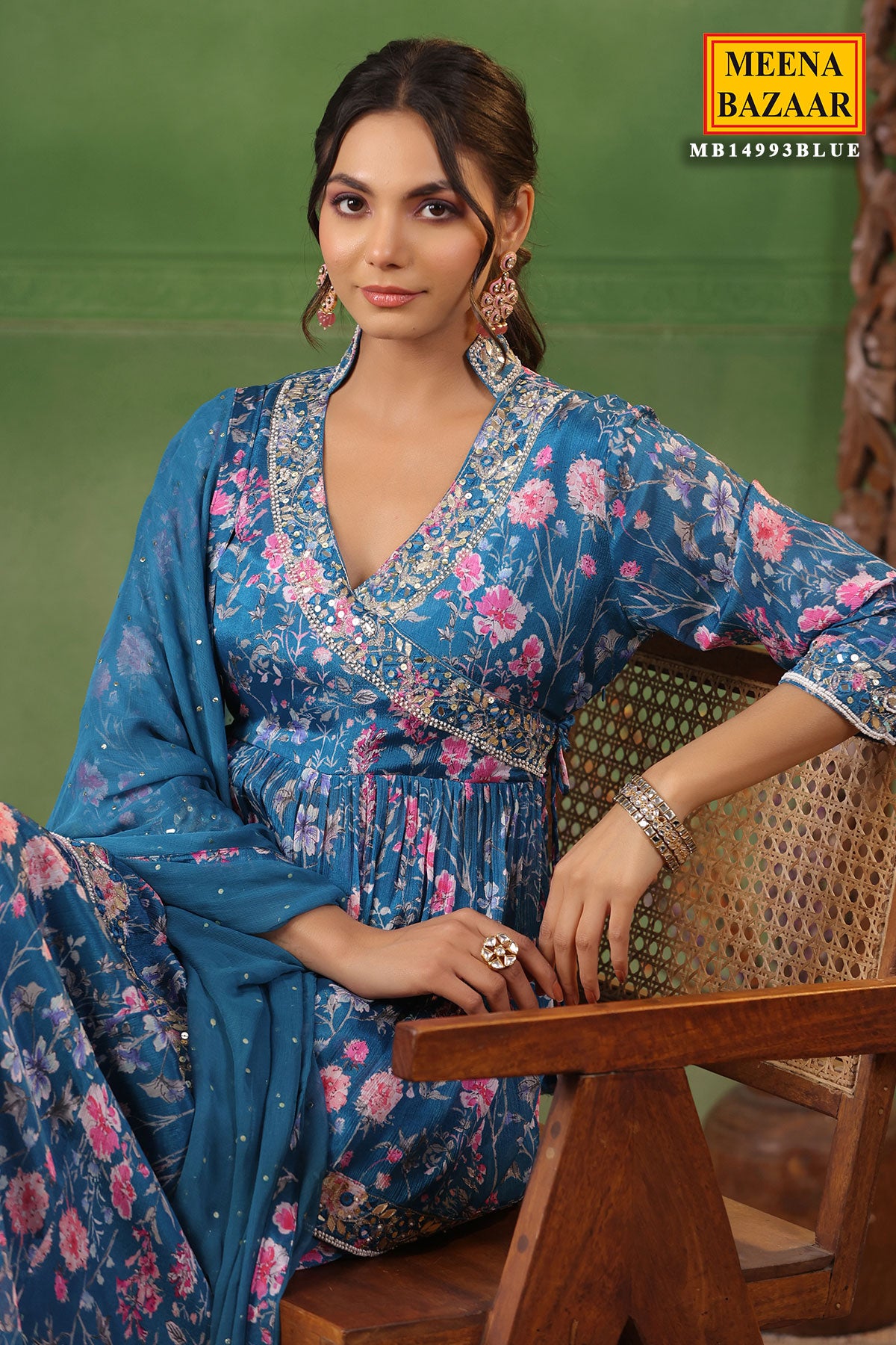 Blue Silk Floral Printed Flared Skirt Suit with Beads, Cutdana, Zari Embroidered Neckline