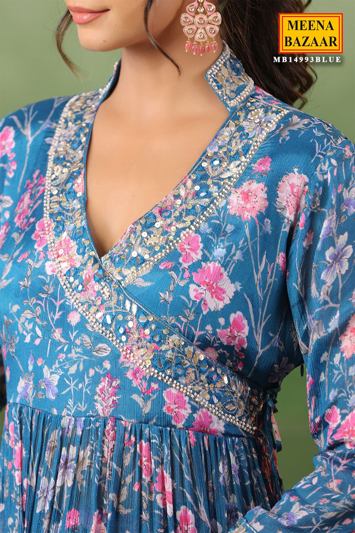 Blue Silk Floral Printed Flared Skirt Suit with Beads, Cutdana, Zari Embroidered Neckline