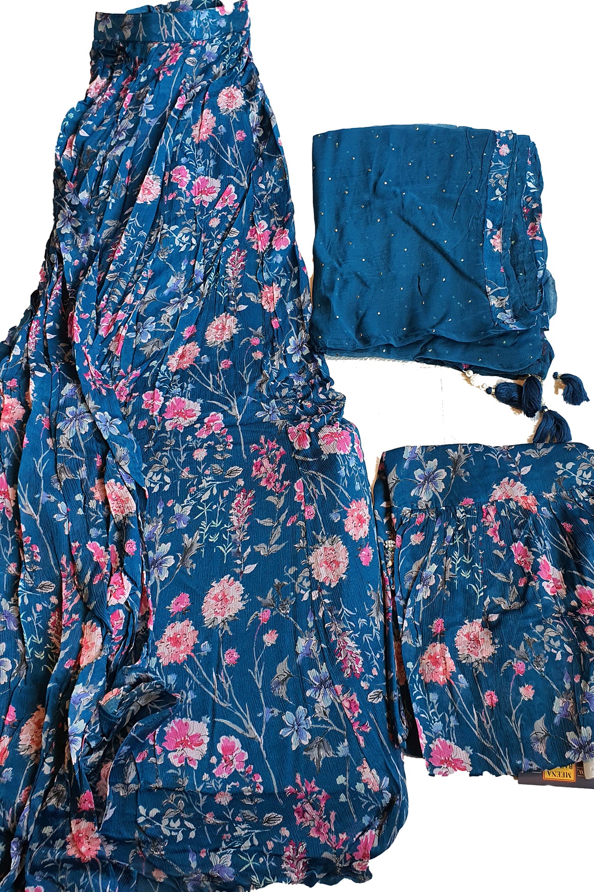 Blue Silk Floral Printed Flared Skirt Suit with Beads, Cutdana, Zari Embroidered Neckline