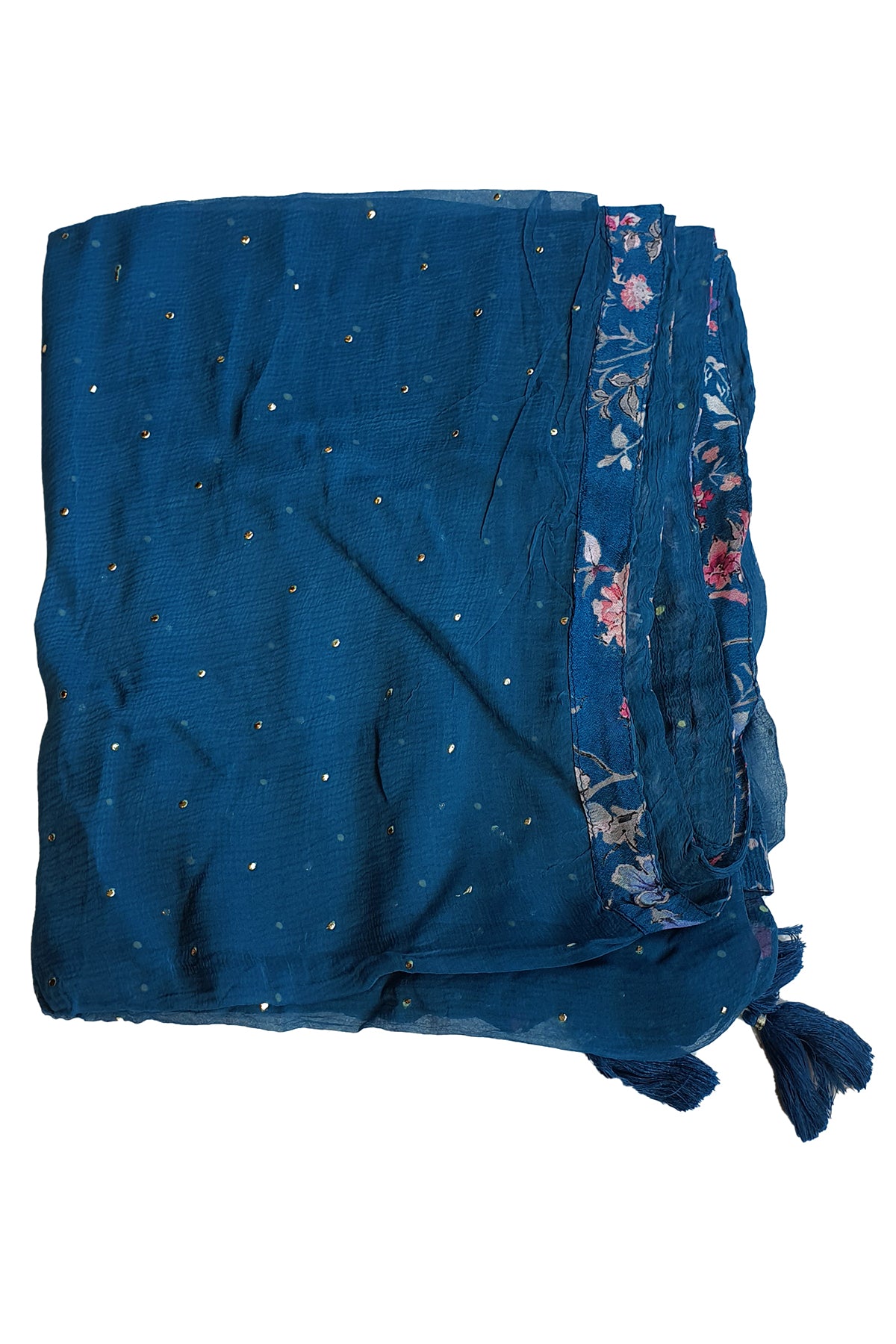 Blue Silk Floral Printed Flared Skirt Suit with Beads, Cutdana, Zari Embroidered Neckline