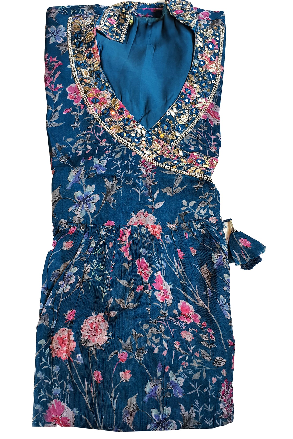 Blue Silk Floral Printed Flared Skirt Suit with Beads, Cutdana, Zari Embroidered Neckline