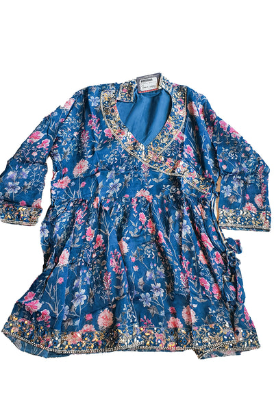 Blue Silk Floral Printed Flared Skirt Suit with Beads, Cutdana, Zari Embroidered Neckline