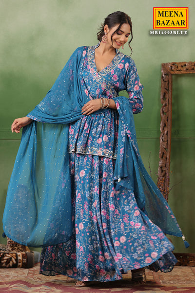 Blue Silk Floral Printed Flared Skirt Suit with Beads, Cutdana, Zari Embroidered Neckline