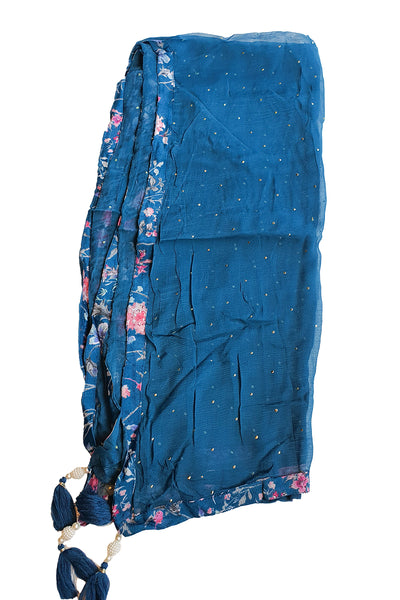 Blue Silk Floral Printed Flared Skirt Suit with Beads, Cutdana, Zari Embroidered Neckline