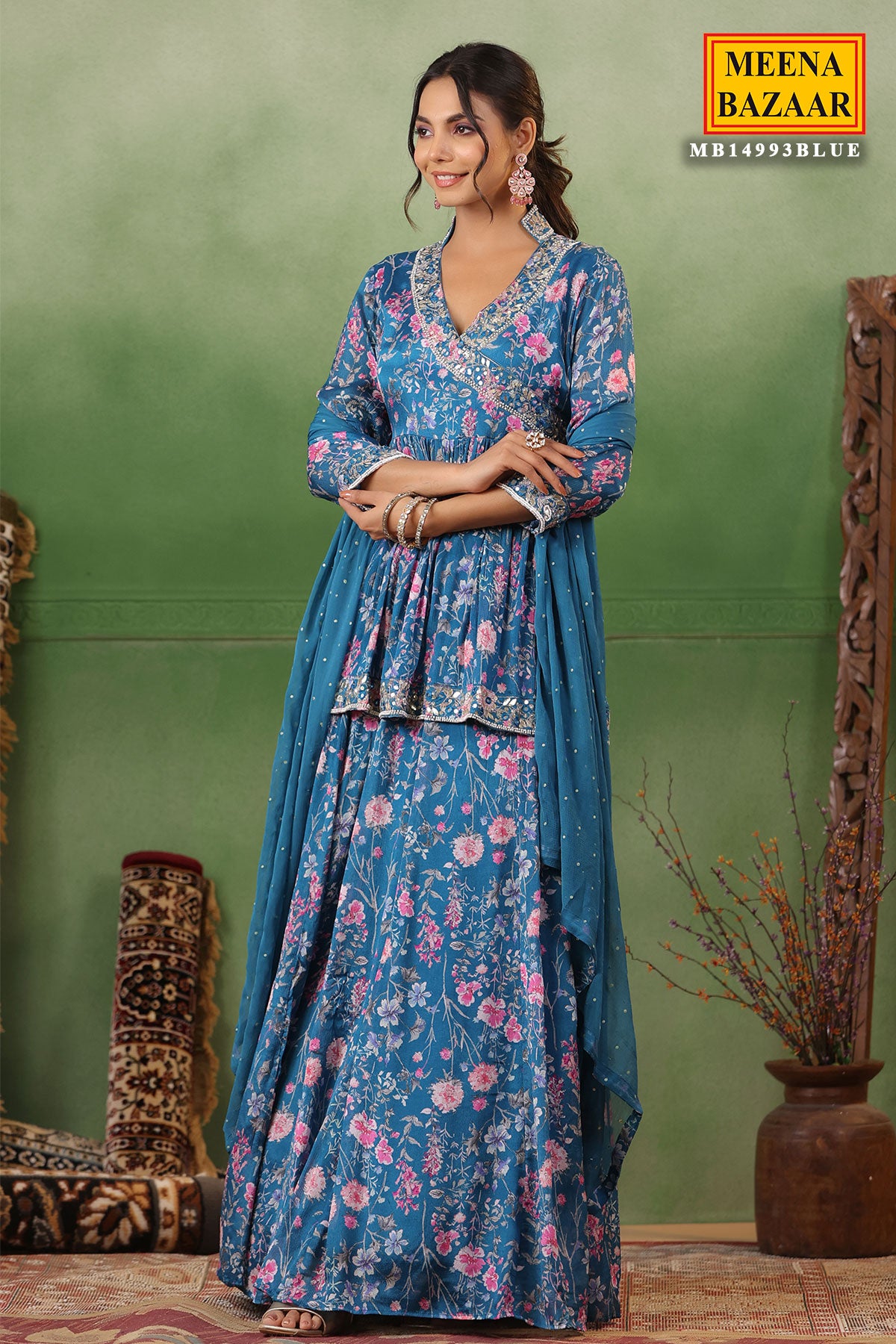 Blue Silk Floral Printed Flared Skirt Suit with Beads, Cutdana, Zari Embroidered Neckline