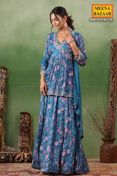 Blue Silk Floral Printed Flared Skirt Suit with Beads, Cutdana, Zari Embroidered Neckline