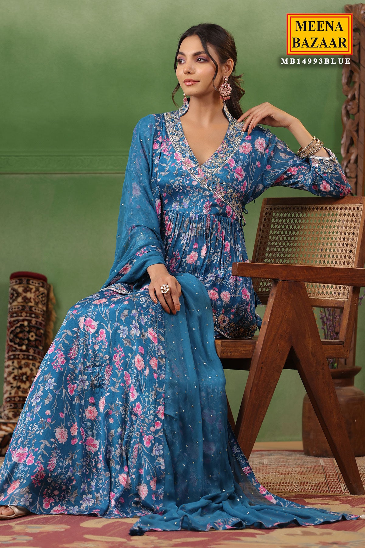 Blue Silk Floral Printed Flared Skirt Suit with Beads, Cutdana, Zari Embroidered Neckline