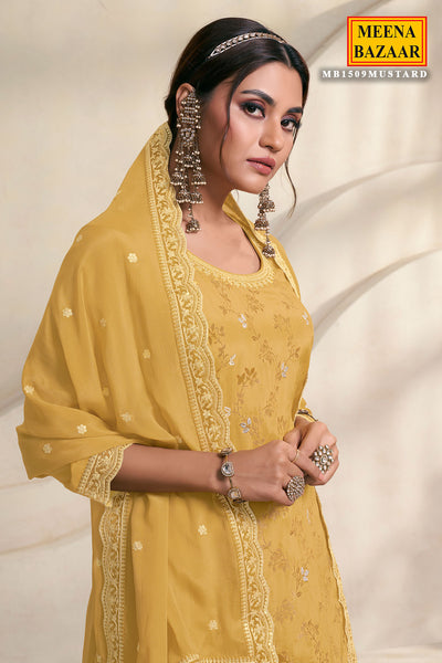 Mustard Chinon Jacquard Weave Embroidered Sharara Suit