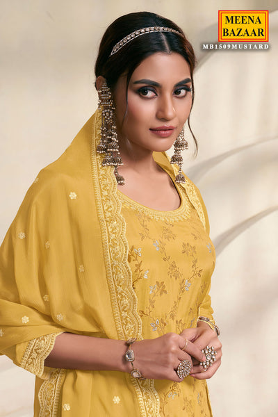 Mustard Chinon Jacquard Weave Embroidered Sharara Suit