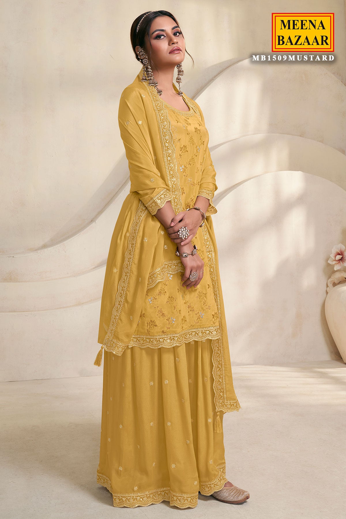 Mustard Chinon Jacquard Weave Embroidered Sharara Suit