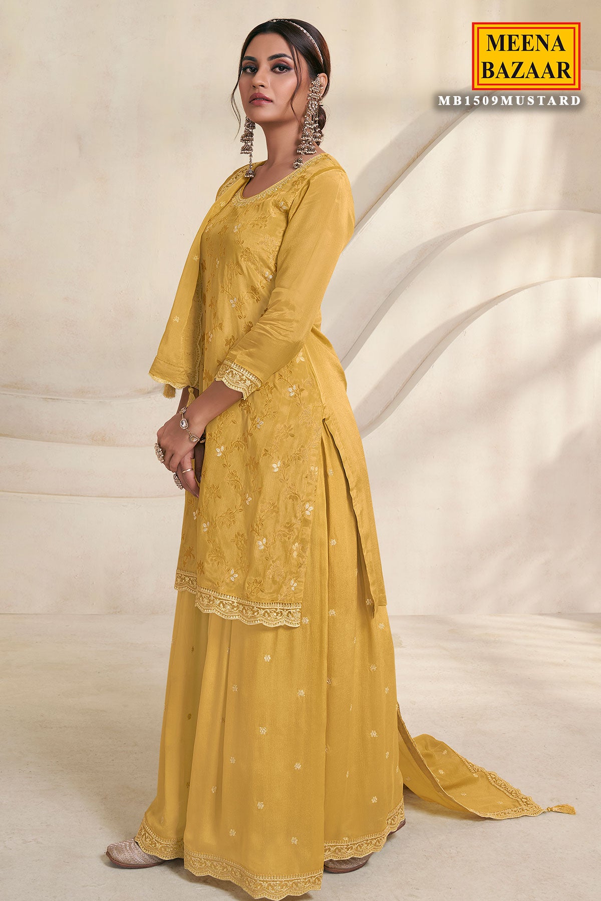 Mustard Chinon Jacquard Weave Embroidered Sharara Suit