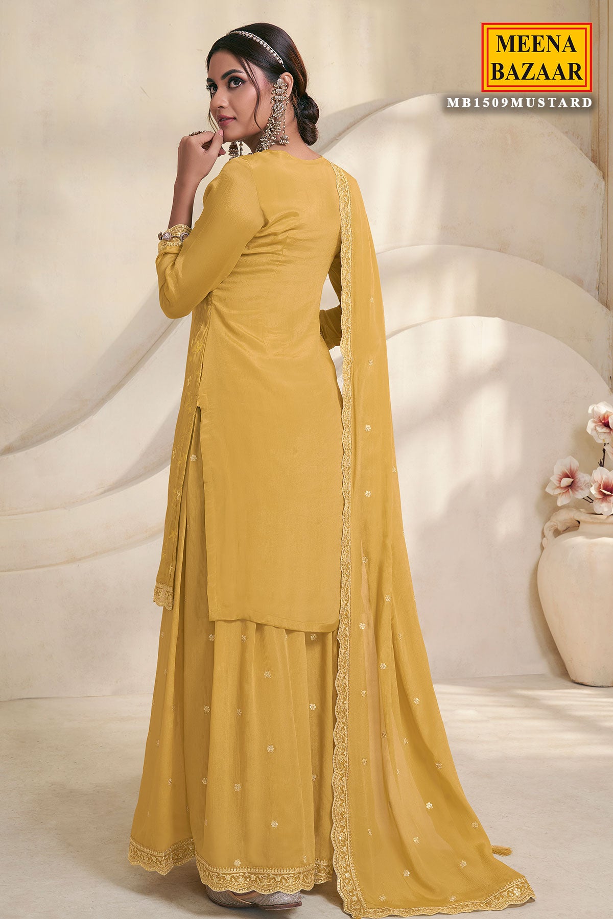 Mustard Chinon Jacquard Weave Embroidered Sharara Suit