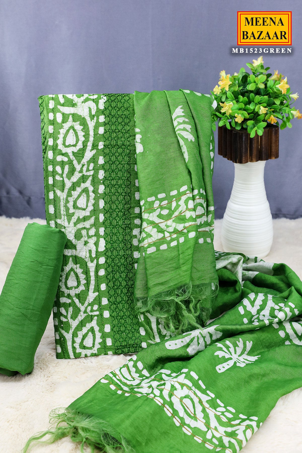 Green Cotton Printed Unstitched Suit