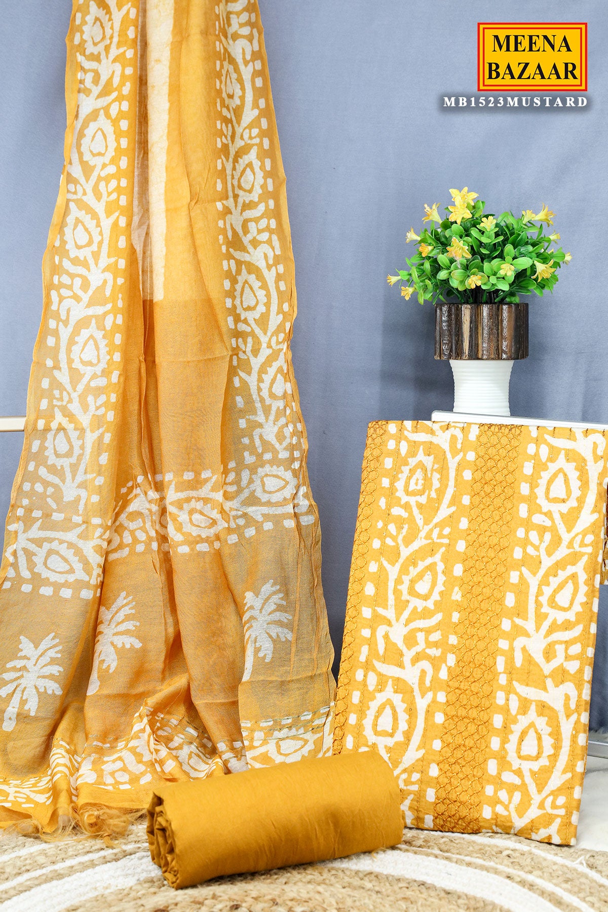 Mustard Cotton Printed Unstitched Suit