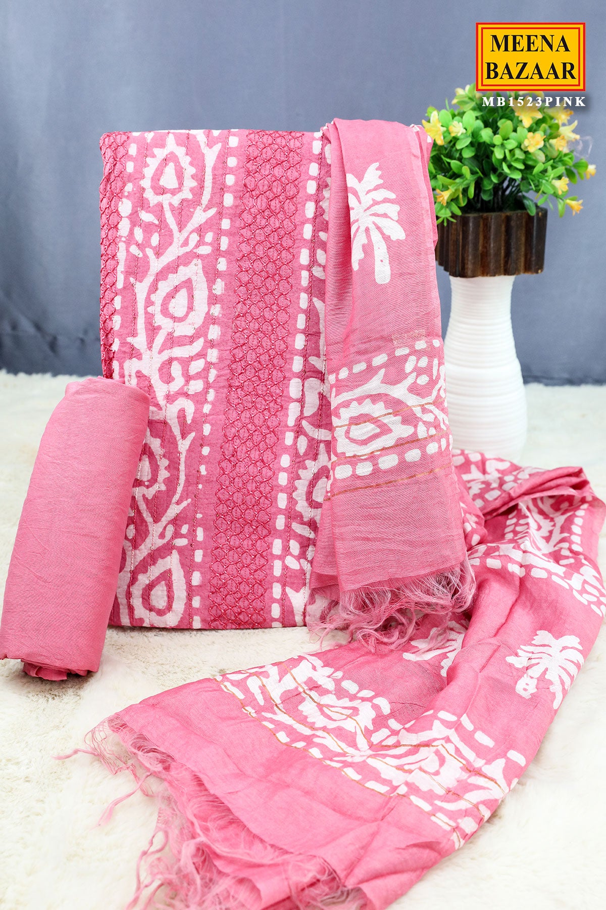 Pink Cotton Printed Unstitched Suit