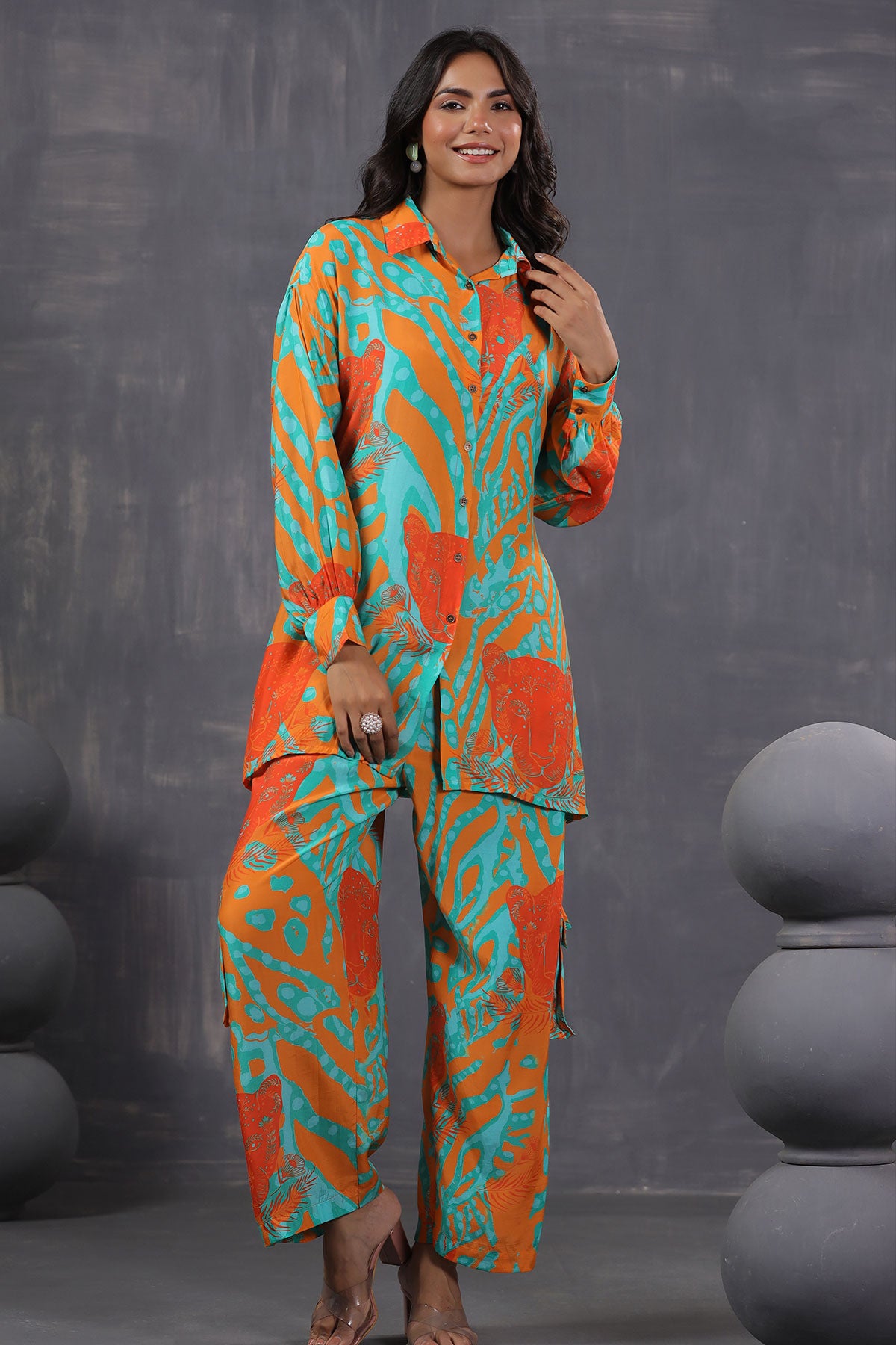 Orange Crepe Abstract Printed Kurti Pant Co-ord Set