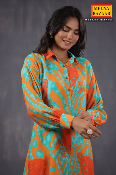 Orange Crepe Abstract Printed Kurti Pant Co-ord Set