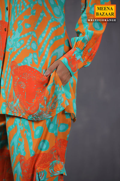 Orange Crepe Abstract Printed Kurti Pant Co-ord Set