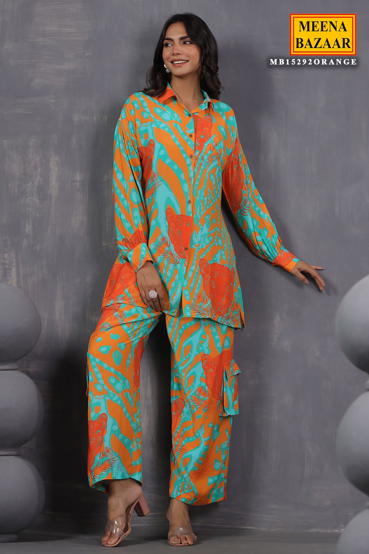 Orange Crepe Abstract Printed Kurti Pant Co-ord Set