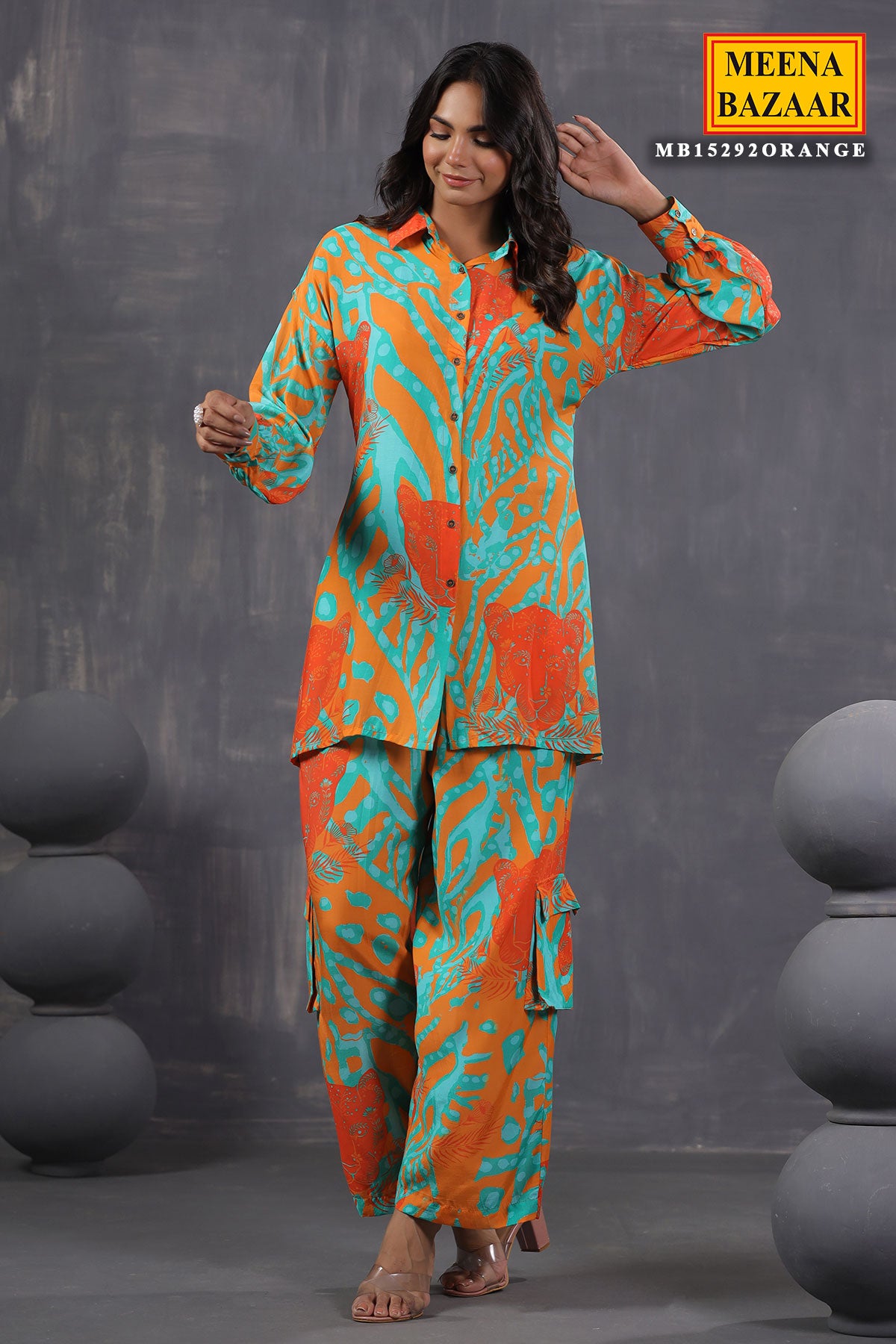 Orange Crepe Abstract Printed Kurti Pant Co-ord Set