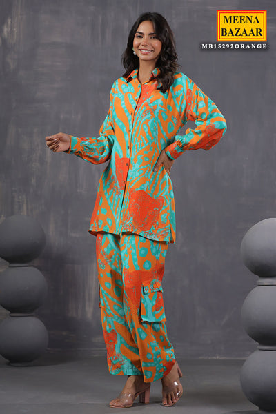 Orange Crepe Abstract Printed Kurti Pant Co-ord Set