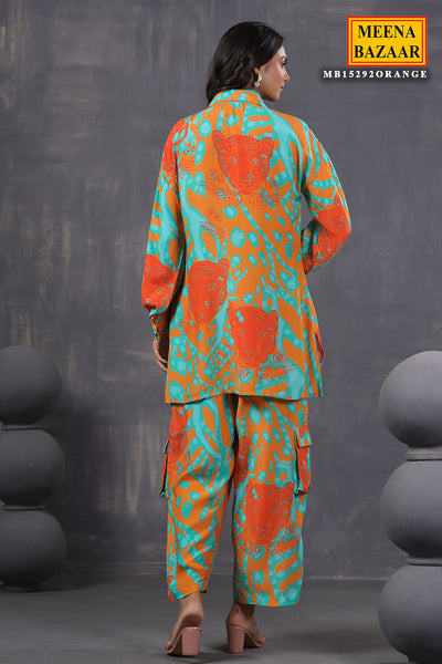 Orange Crepe Abstract Printed Kurti Pant Co-ord Set