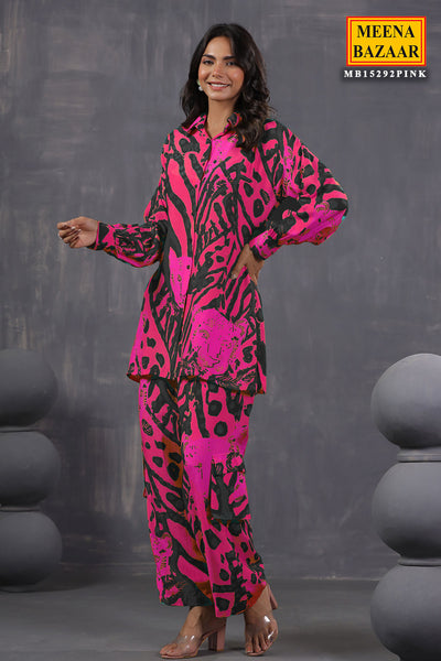 Pink Crepe Abstract Printed Kurti Pant Co-ord Set