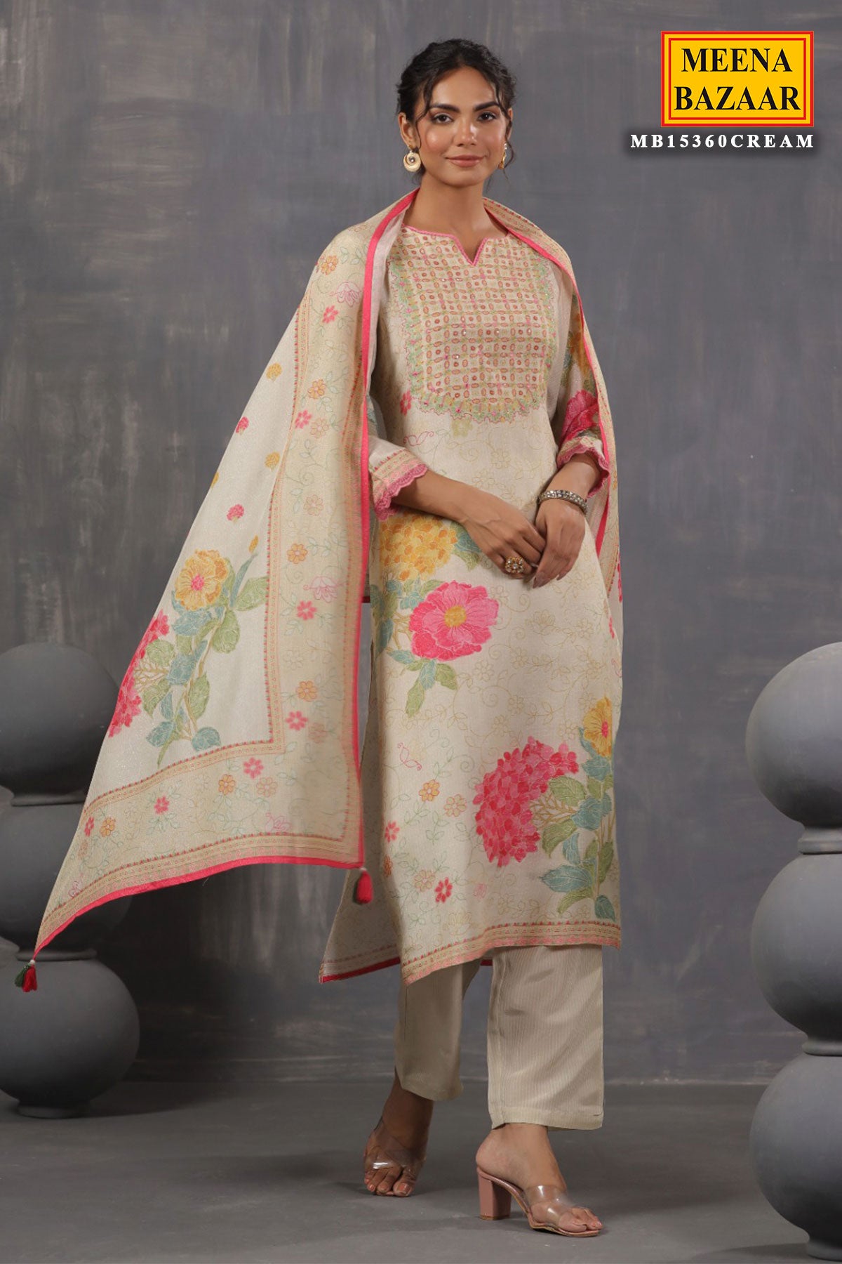 Cream Muslin Floral Printed Resham & Sequins Embellished Suit Set