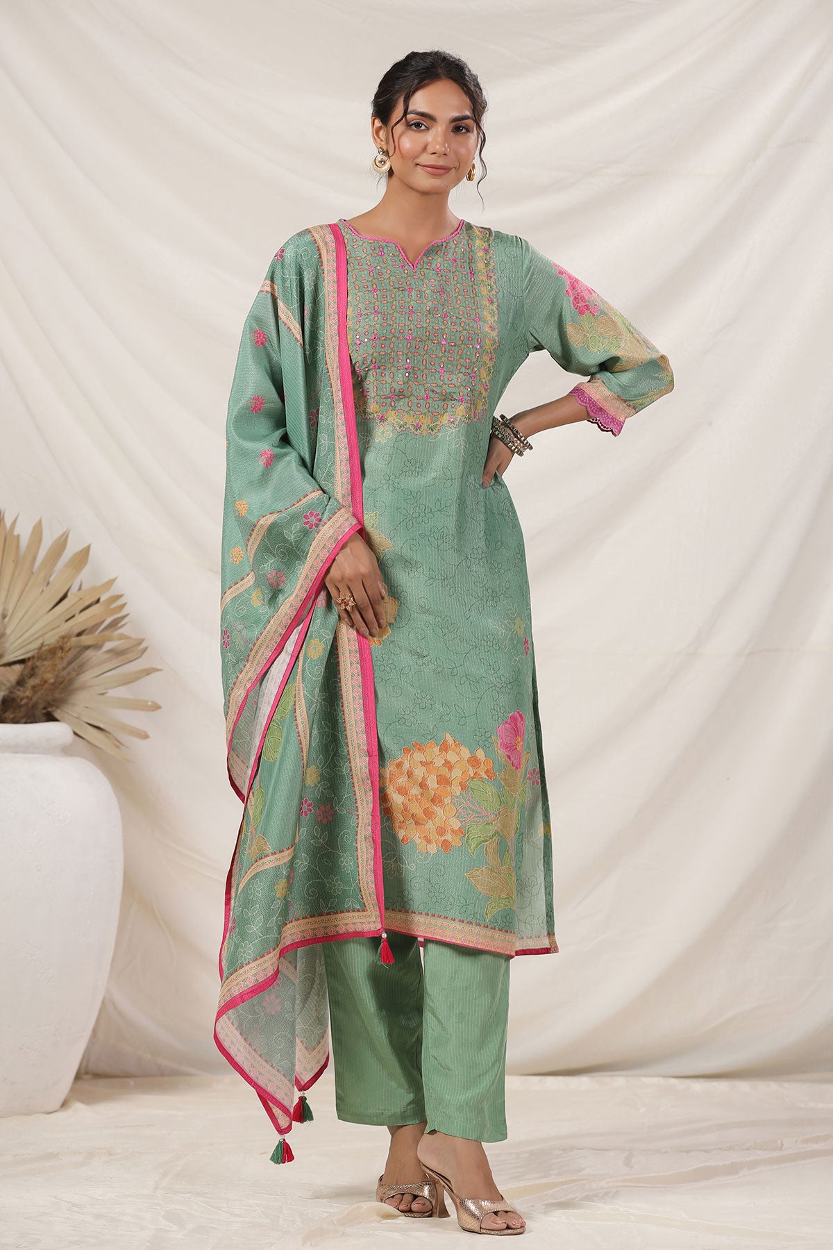 Sea Green Muslin Floral Printed Resham & Sequins Embellished Suit Set