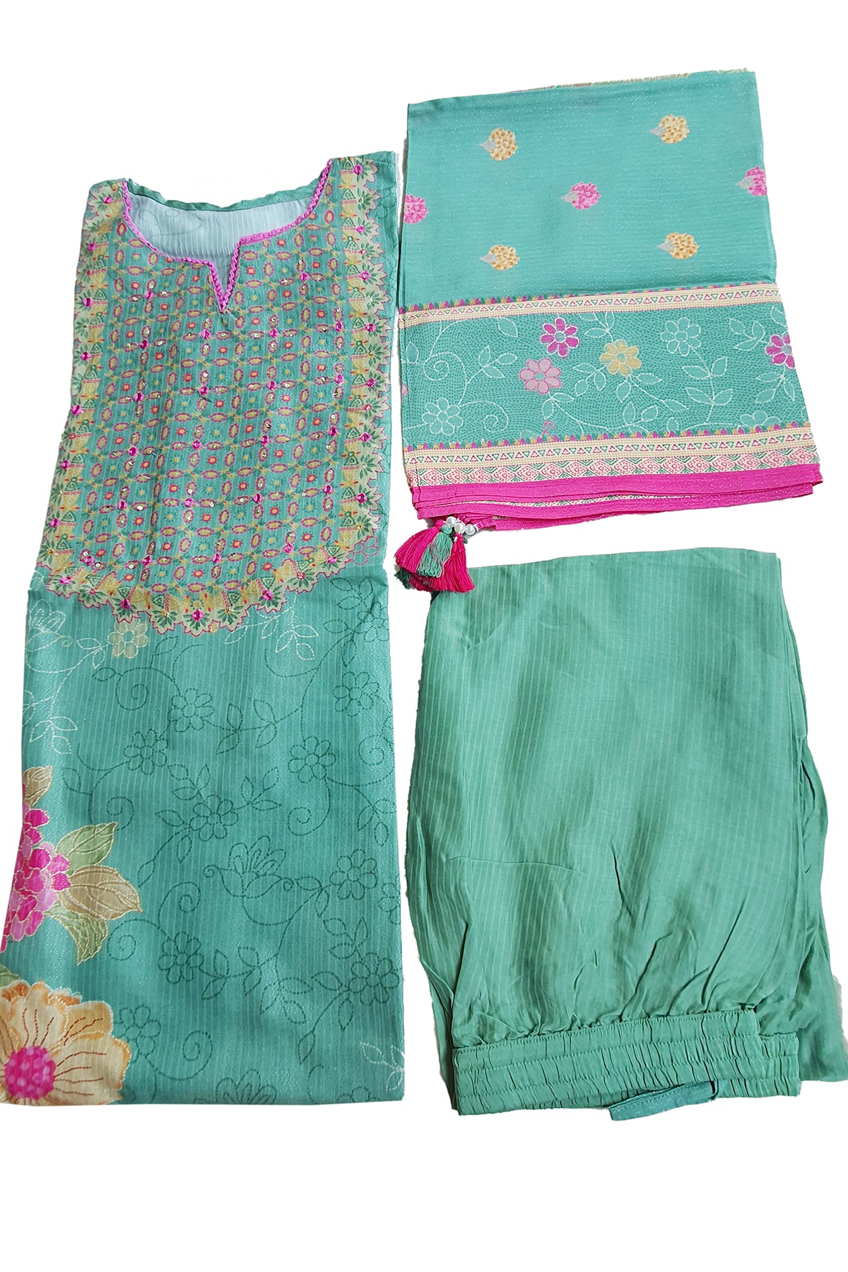 Sea Green Muslin Floral Printed Resham & Sequins Embellished Suit Set