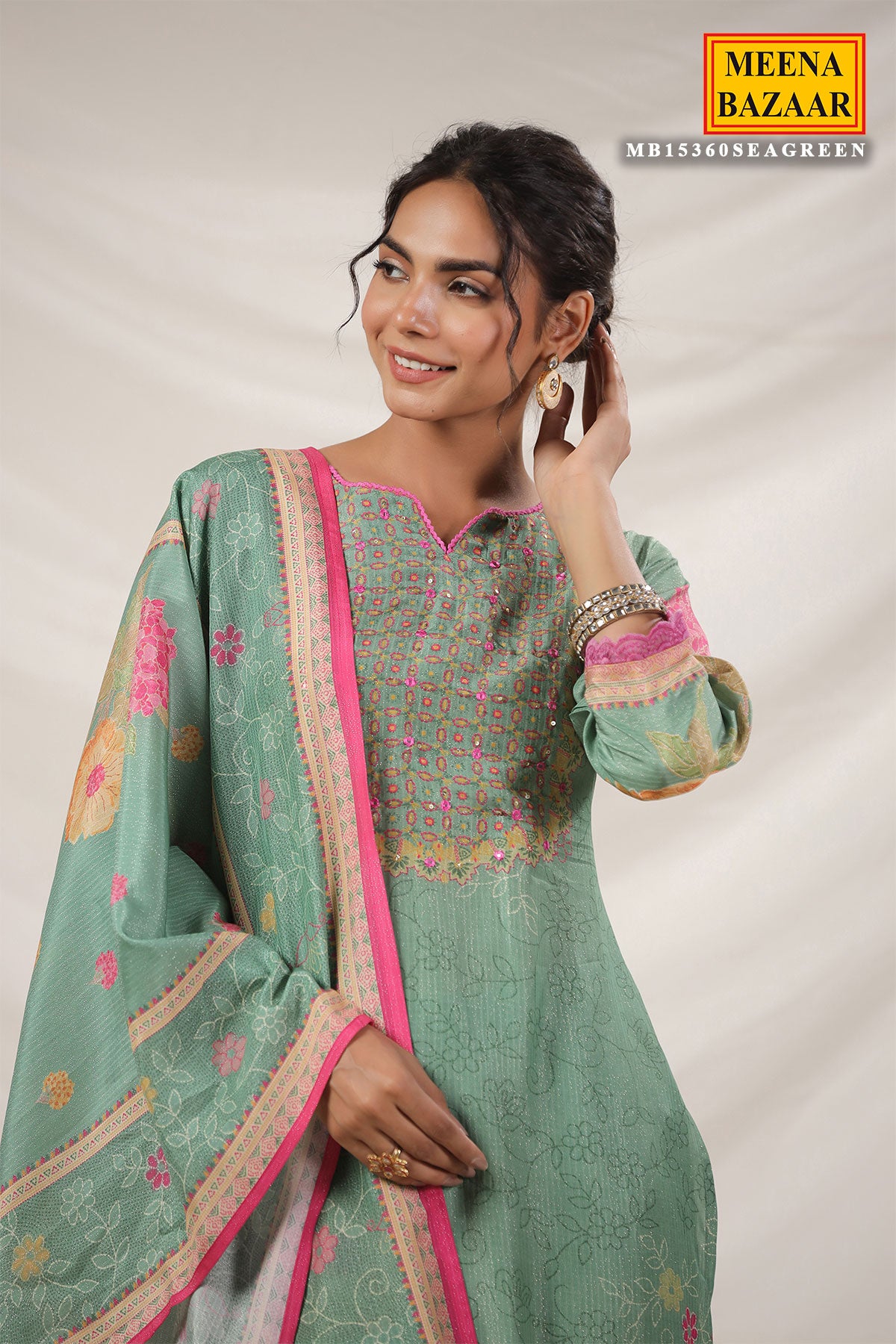 Sea Green Muslin Floral Printed Resham & Sequins Embellished Suit Set