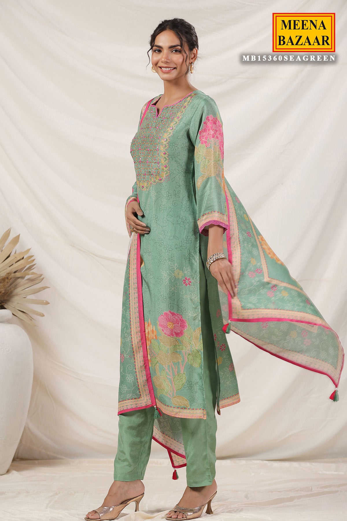 Sea Green Muslin Floral Printed Resham & Sequins Embellished Suit Set