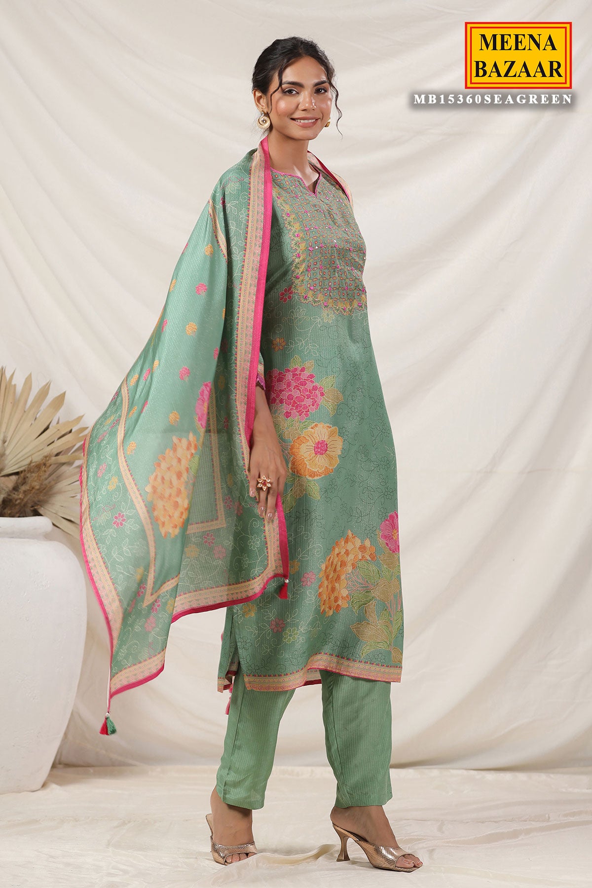 Sea Green Muslin Floral Printed Resham & Sequins Embellished Suit Set