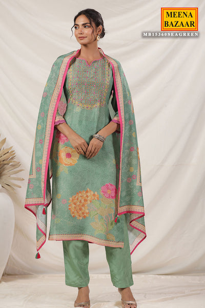 Sea Green Muslin Floral Printed Resham & Sequins Embellished Suit Set