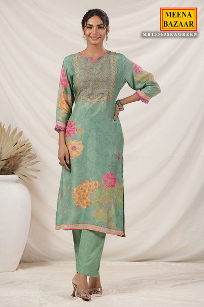 Sea Green Muslin Floral Printed Resham & Sequins Embellished Suit Set