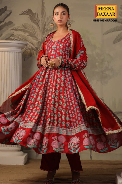 Maroon Muslin Embroidered Anarkali Kurta With Pant & Dupatta