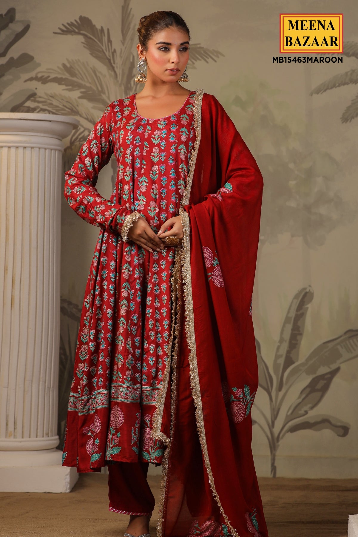 Maroon Muslin Embroidered Anarkali Kurta With Pant & Dupatta