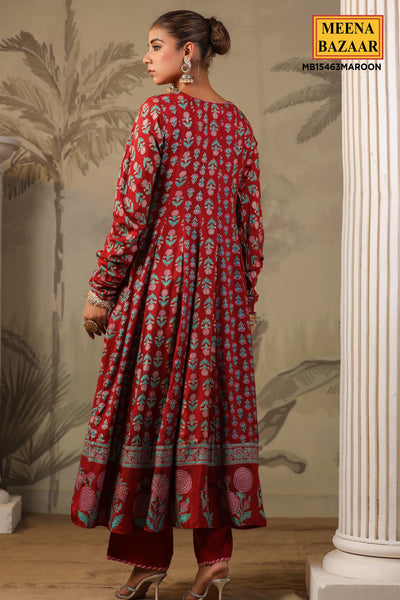 Maroon Muslin Embroidered Anarkali Kurta With Pant & Dupatta