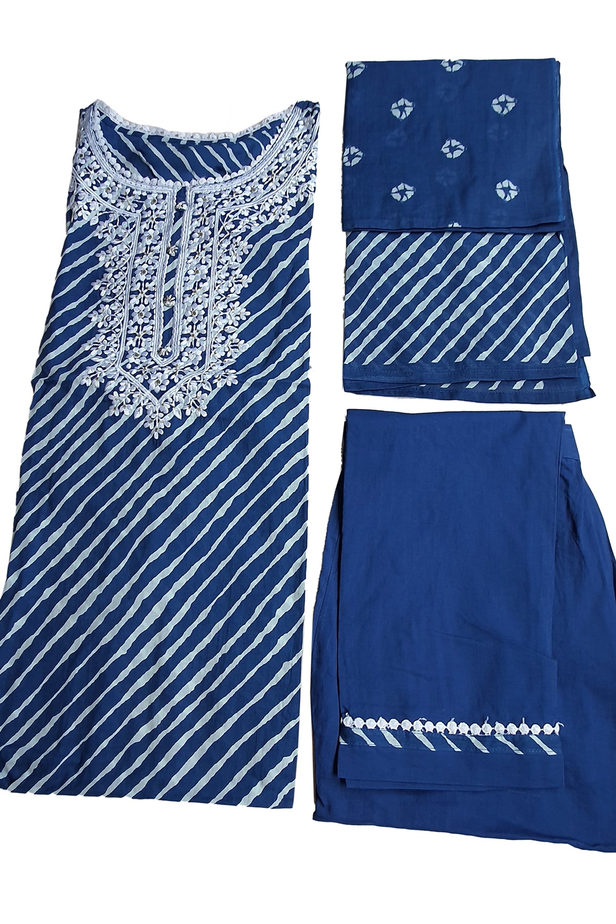 Blue Cotton Leheriya Printed Kurti Set