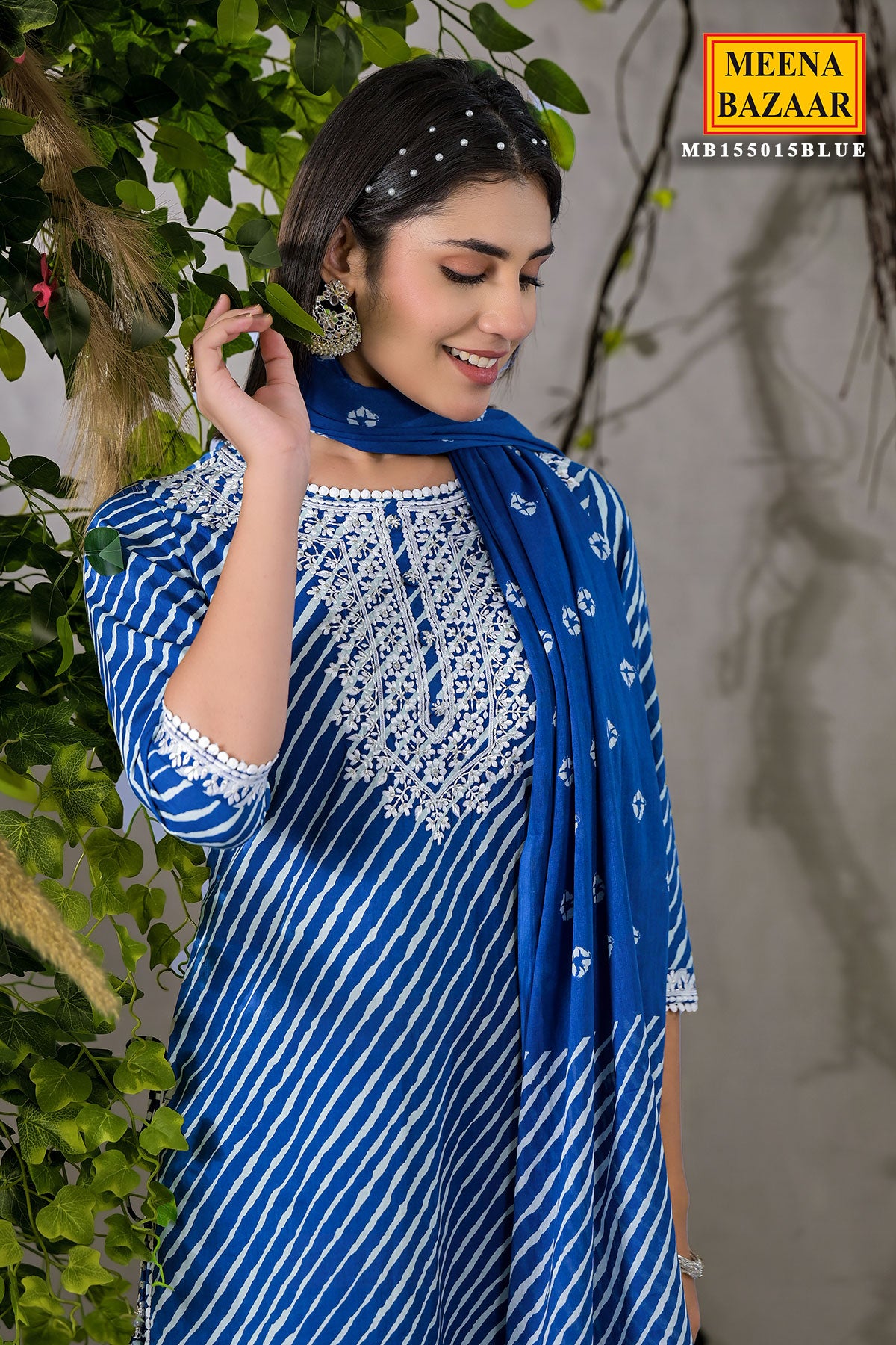 Blue Cotton Leheriya Printed Kurti Set