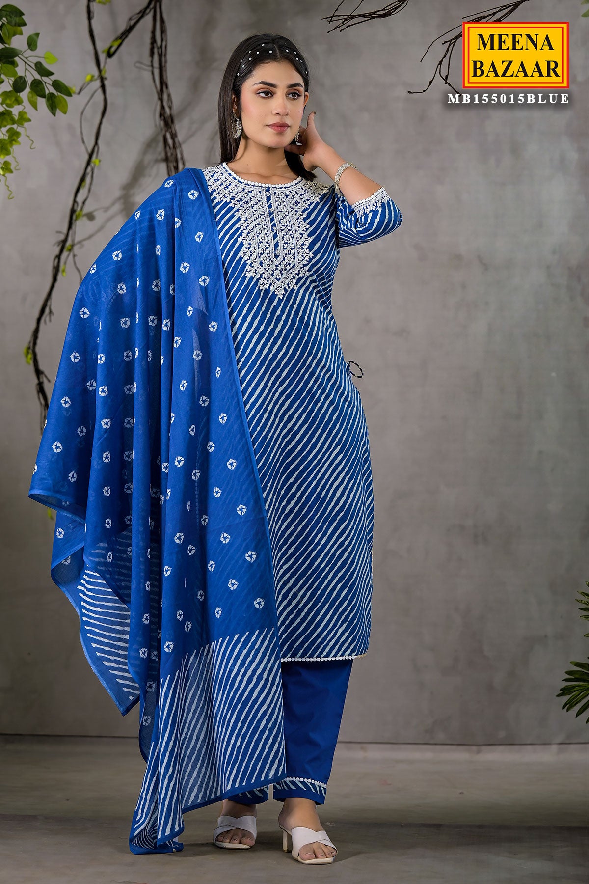 Blue Cotton Leheriya Printed Kurti Set