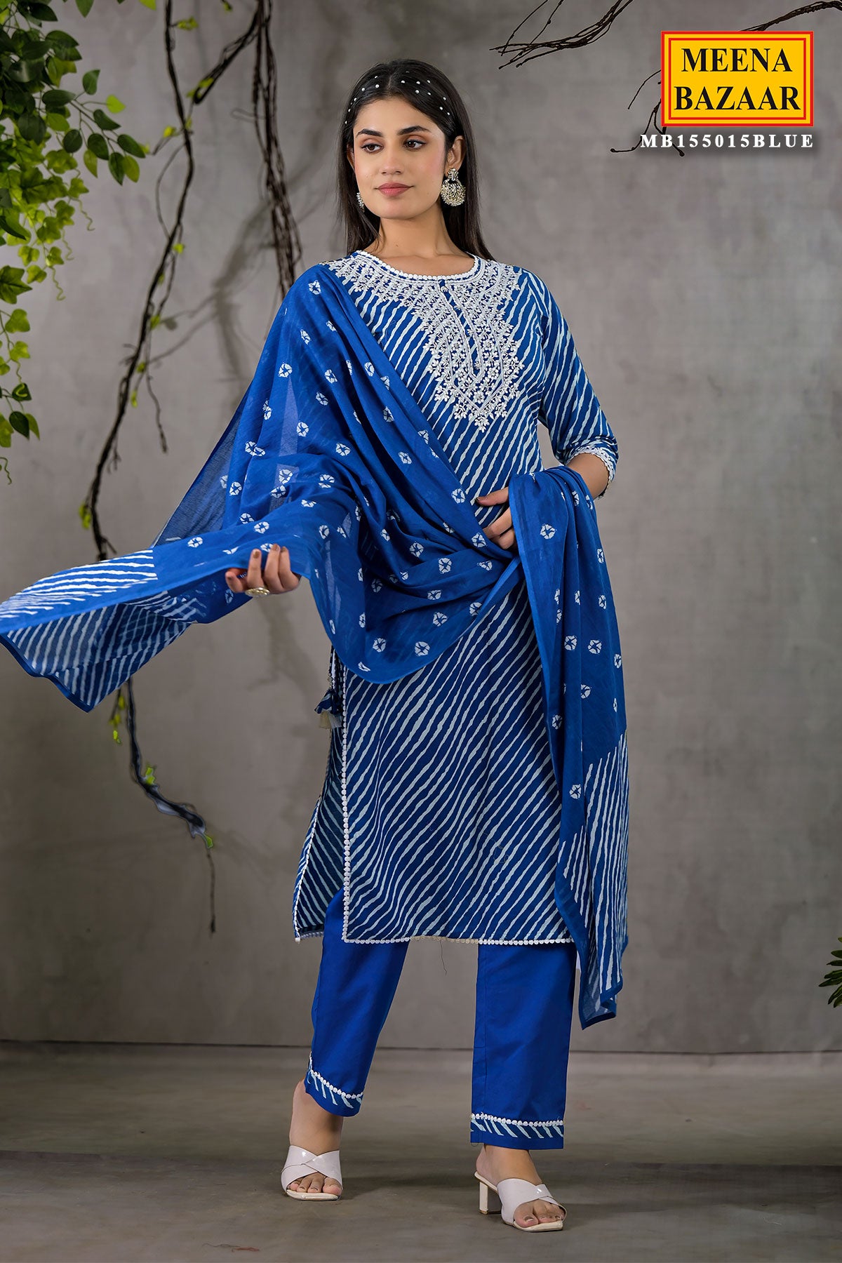 Blue Cotton Leheriya Printed Kurti Set