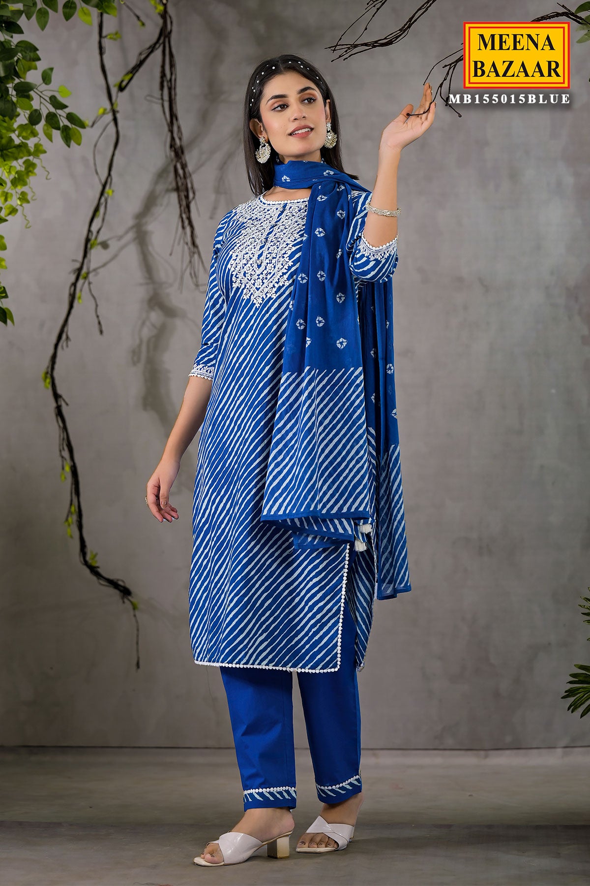 Blue Cotton Leheriya Printed Kurti Set