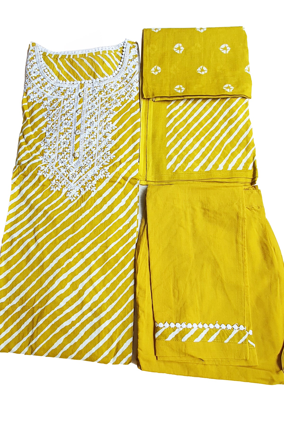 Mustard Cotton Leheriya Printed Kurti Set